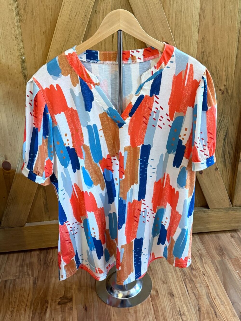 Abstract Brushstroke Print Top Notch Collar 2XL